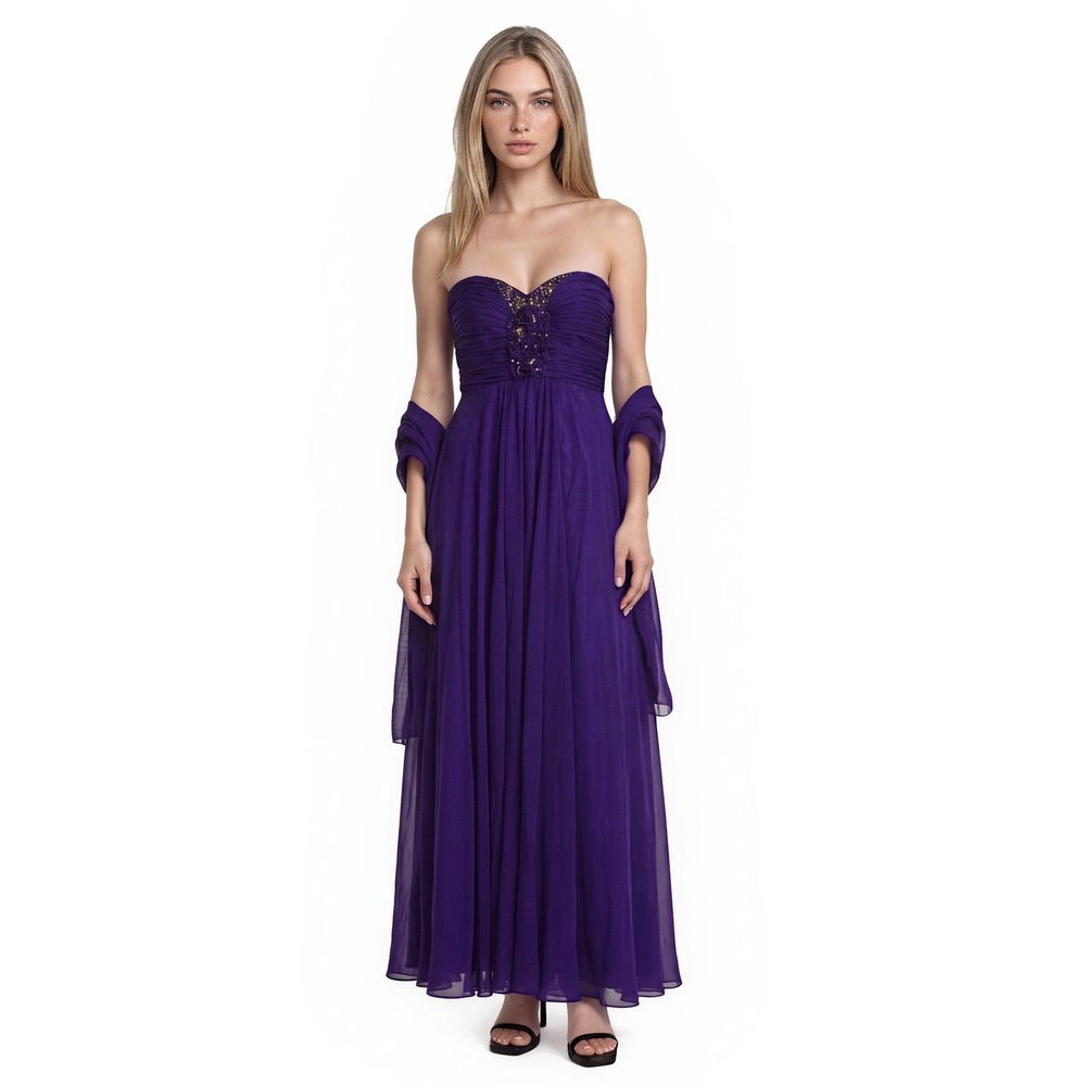 Cindy USA Maxi Dress Womens Size 2XL Purple Strapless Beaded Chiffon Gown Wrap